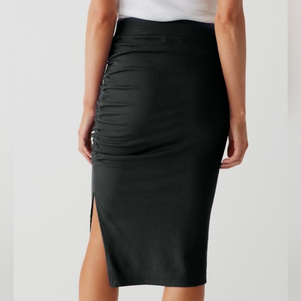 Michael Stars Rae Ribbed Midi Skirt w/Slit Black Size Large Bodycon Ruching - Picture 2 of 6